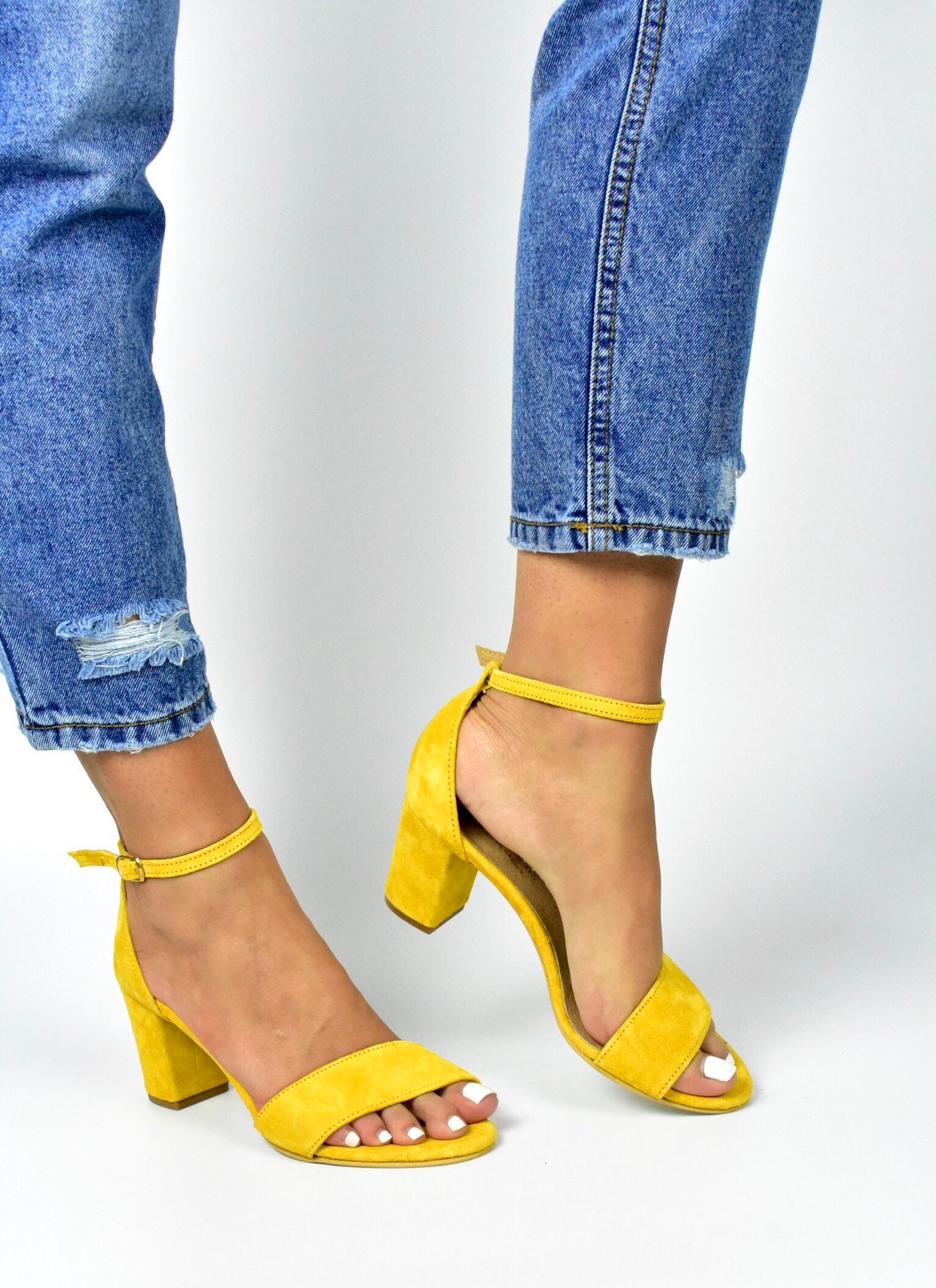 yellow suede block heels