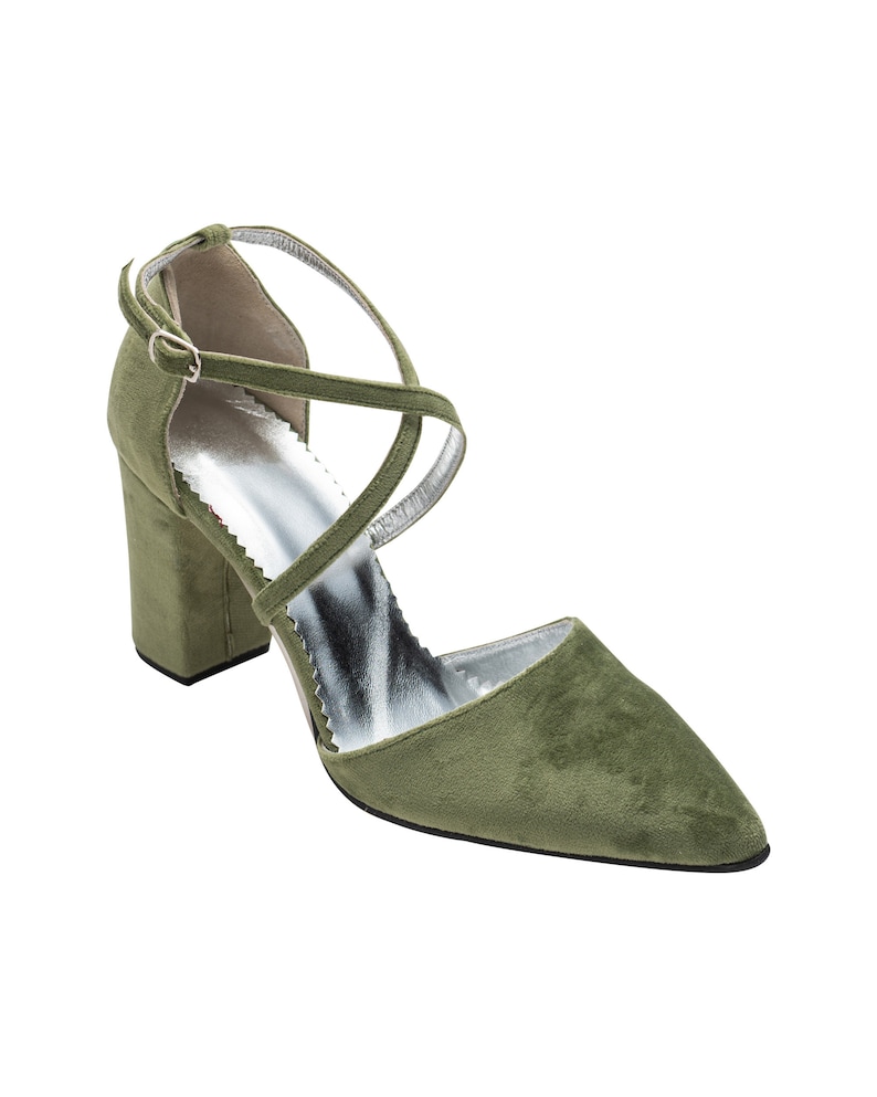 velvet block heel pumps