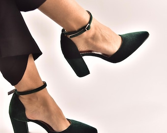 Emerald Green Velvet Shoes: Handmade Leather Bridal Block Heels
