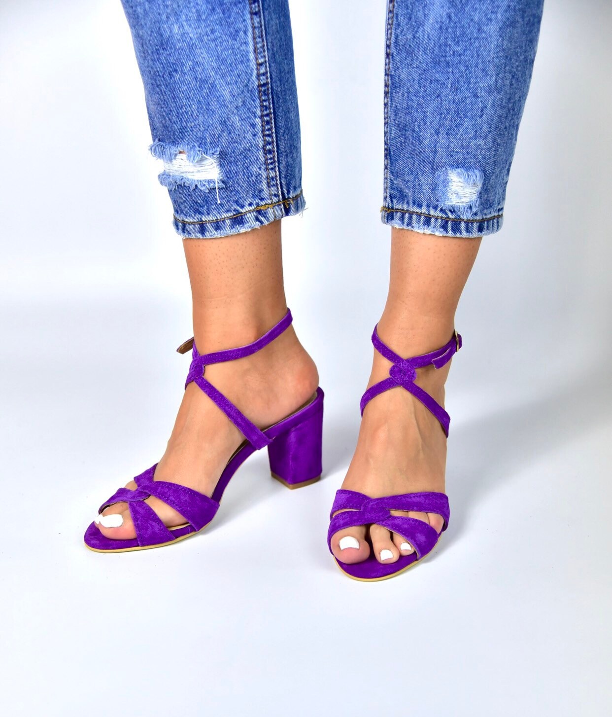 purple block heel sandals