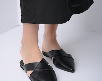 Handmade Black Leather Mules: Greek Leather Slides