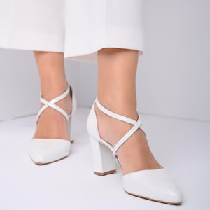 White Wedding Shoes Block Heel - Handmade Bridal Shoes
