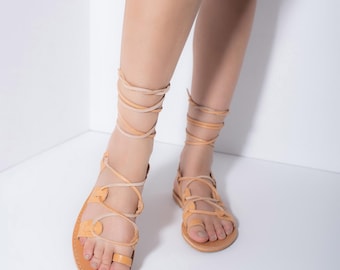 Natural Leather Gladiator Sandals: Toe Ring Lace-Up Shoes