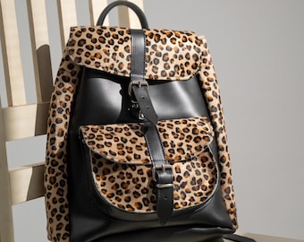 Handmade Leather Backpack: Leopard Print Mini Backpack Purse
