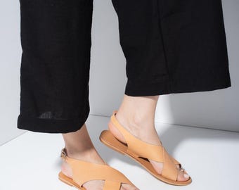 Handmade Greek Leather Sandals: Natural Flat Summer Sandals