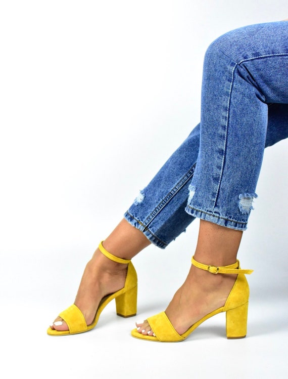 yellow chunky heel sandals