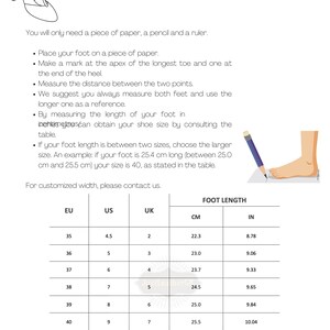 May include: Diagram with instructions on how to measure foot size for shoes. Includes a table with EU, US, and UK shoe sizes, along with foot length in centimeters and inches. The text reads "HOW TO MEASURE MY FOOT?"