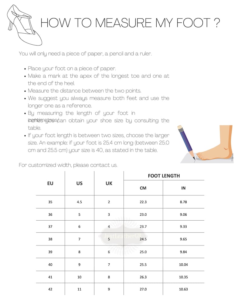 May include: Diagram with instructions on how to measure foot size for shoes. Includes a table with EU, US, and UK shoe sizes, along with foot length in centimeters and inches. The text reads "HOW TO MEASURE MY FOOT?"