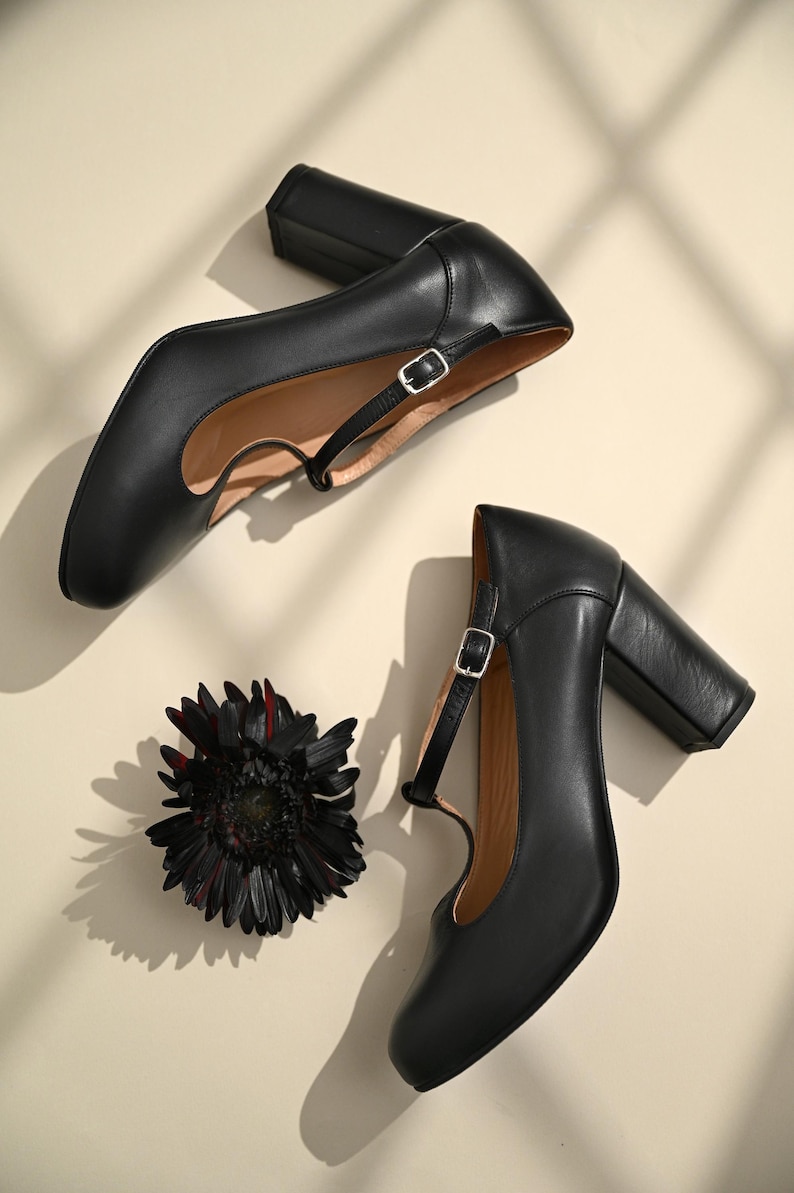 Handmade Black Leather Mary Jane Heels, Vintage Style Shoes image 4