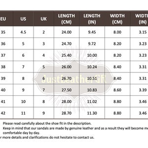 May include: A size chart for sandals with measurements in both inches and centimeters. The chart shows the European, US, and UK shoe sizes, along with the corresponding length and width measurements in both inches and centimeters.