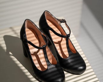 Retro Style Full Grain Black Leather Pumps, Mary Jane Heels Shoes