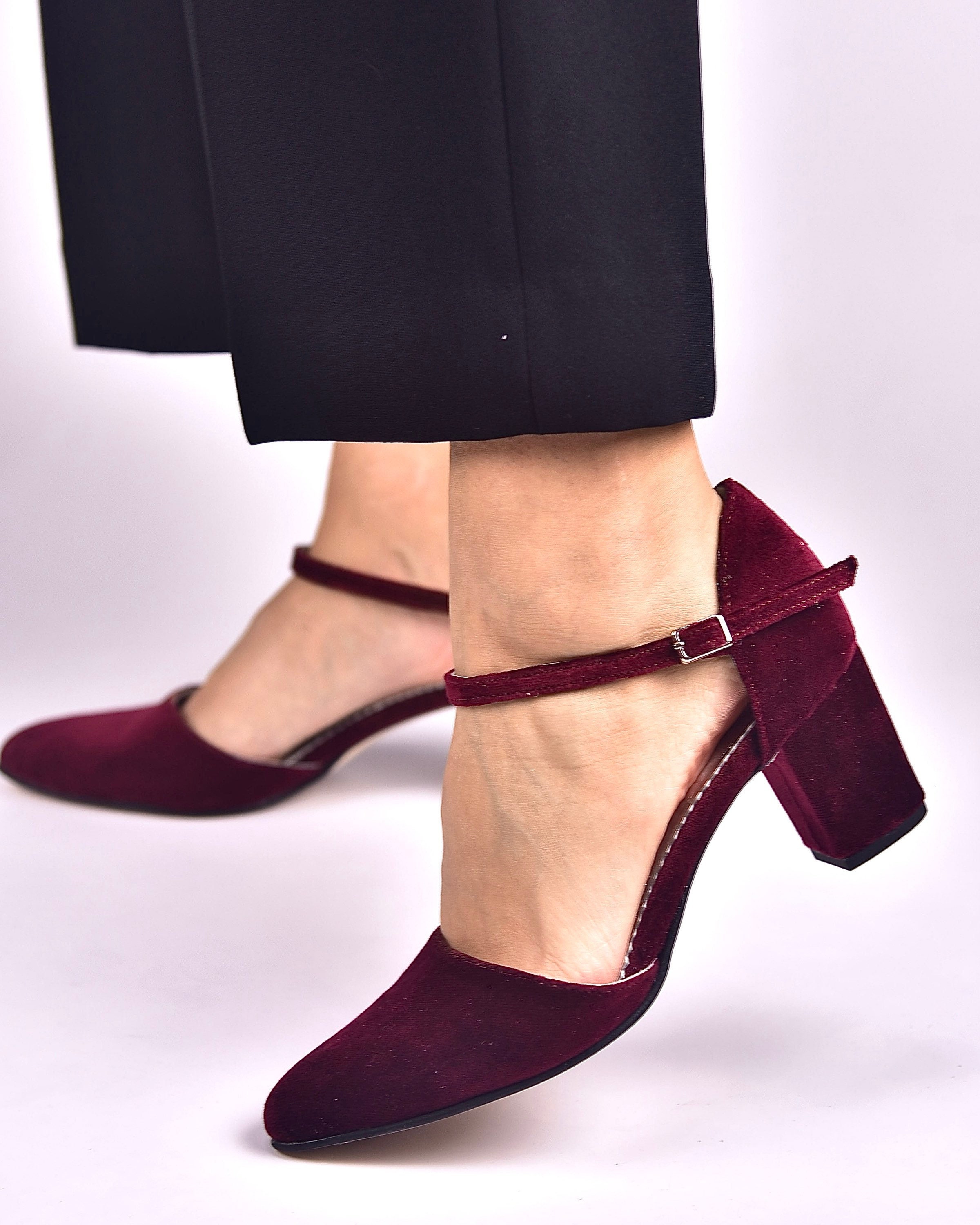 Burgundy Velvet Block Heels without belt