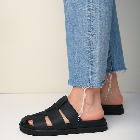Black Leather Fisherman Sandals: Gladiator Style Summer Shoes