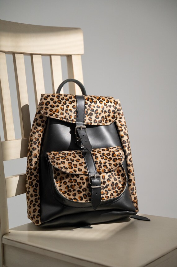 Backpack Black And Leopard Purse Handmade Leather Backpack