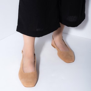 Beige Leather Slingback Flats: Square Toe Shoes, Women's Gift