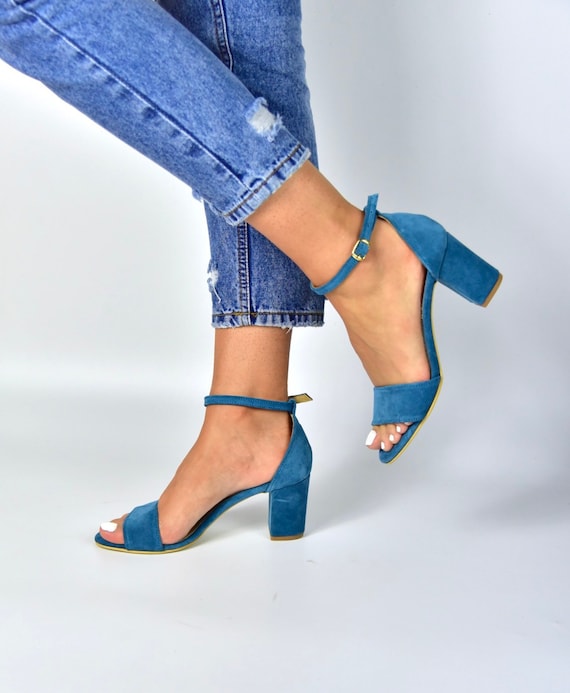 Leather Sandals Block Heel Sandals Heeled Sandals Blue | Etsy