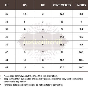 May include: A size chart for sandals, showing European, US, UK, centimeter, and inch measurements. The chart shows sizes from 35 to 42.