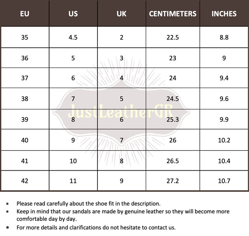 May include: A size chart for sandals, showing European, US, UK, centimeter, and inch measurements. The chart shows sizes from 35 to 42.