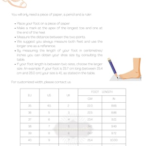 Puede incluir: Un gr&aacute;fico que muestra c&oacute;mo medir el pie para el tama&ntilde;o del zapato. El gr&aacute;fico incluye medidas en tallas US, UK y EU, as&iacute; como en cent&iacute;metros y pulgadas.