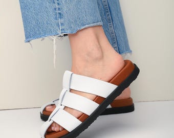 White Leather Gladiator Sandals: Greek Fisherman Style