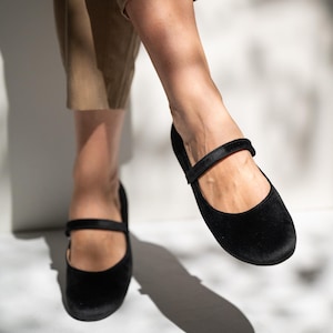 Handmade Black Velvet Mary Jane Heels, Retro Ballerina Shoes