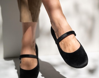 Handmade Black Velvet Mary Jane Heels, Retro Ballerina Shoes