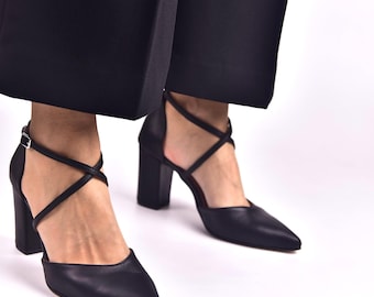 Handmade Black Leather High Heels: Ankle Strap Women Shoes