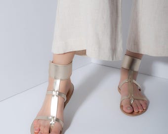 Gold Leather Wedding Sandals, Reception shoes, Ankle Cuff Sandals: Greek Style 'Elizabeth'