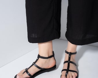 Black Leather Gladiator Sandals: Ankle Cuff Minimalist Shoes