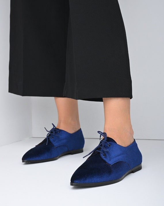 SALE Blue Oxford Shoes Velvet Shoes Blue Shoes Oxford Flat Shoes Flat Shoes Dark Blue Velvet Shoes Ties Shoes Seraphina Etsy