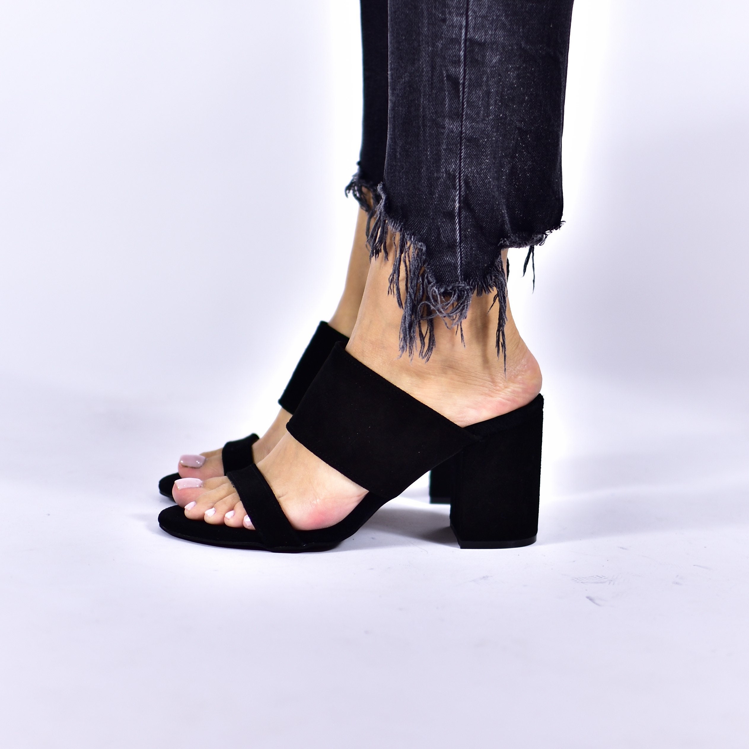 Black Block Heel Sandals Leather 
