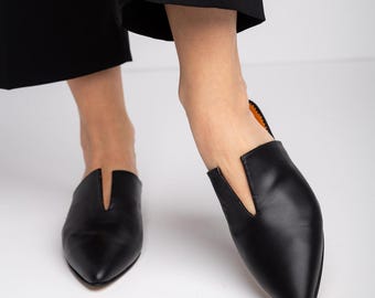 Handmade Black Leather Mules: Greek Leather Slides