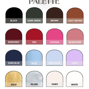 May include: Leather color palette chart with 16 different colors, including black, dark green, brown, light brown, burgundy, red, fuchsia, blush pink, dark blue, blue, light blue, lilac, gold, silver, ivory, and white.