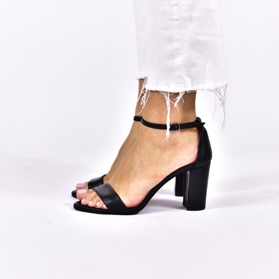 Black Block Heel Sandals, Ankle Strap Heels, Open Toe Block Heels, Black  High Heel Sandals, Black Block Heel Shoes, Black Heels Alexandra 