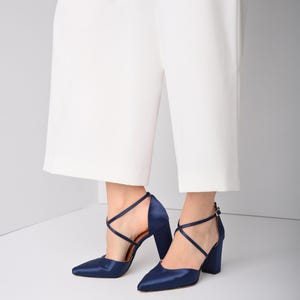 Blue Satin Wedding Shoes – Handmade Ankle Strap Block Heels