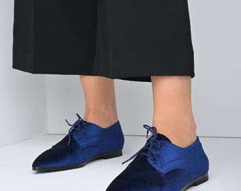 Blue Velvet Oxford Shoes: Handmade Leather Flats