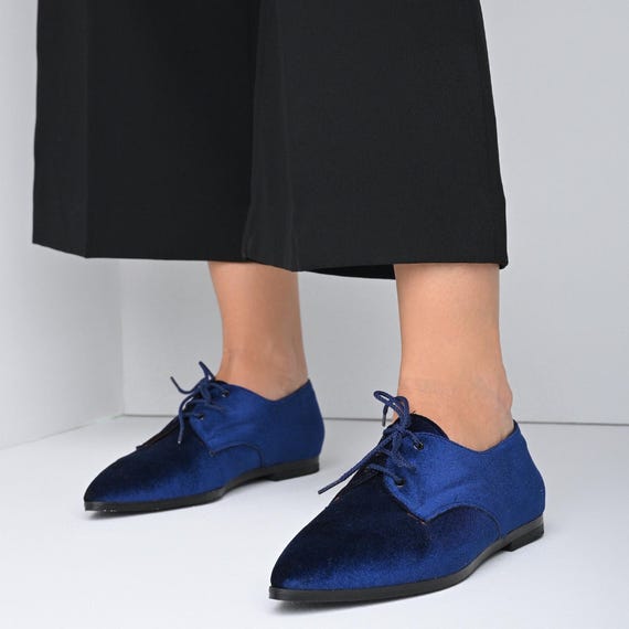 Blue Velvet Oxford Shoes: Handmade Leather Flats