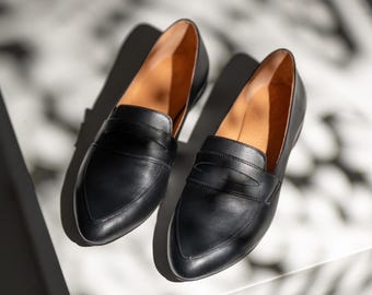 Handmade Black Leather Loafers: Minimalist Women's Shoes