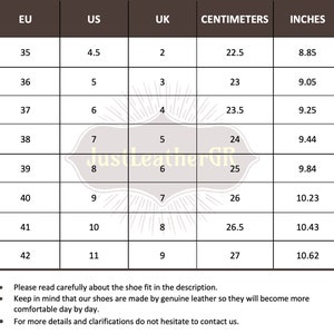 May include: A size conversion chart for shoes, showing European, US, UK, centimeter, and inch measurements. The chart shows sizes from 35 to 42.