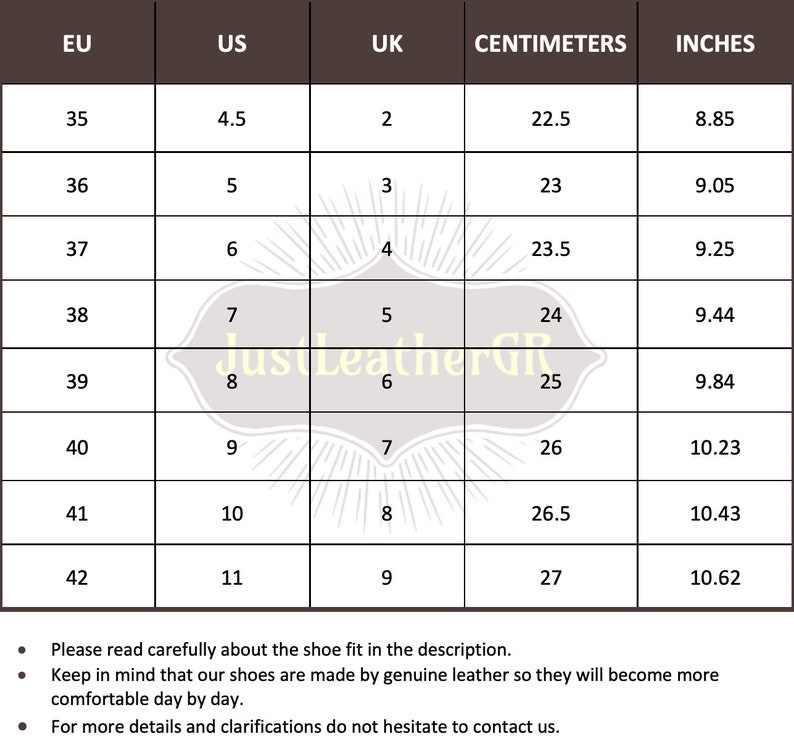 May include: A size conversion chart for shoes, showing European, US, UK, centimeter, and inch measurements. The chart shows sizes from 35 to 42.