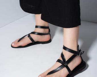 Black Leather Greek Sandals: Ankle Wrap Flat Sandals