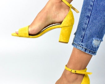 yellow block heels