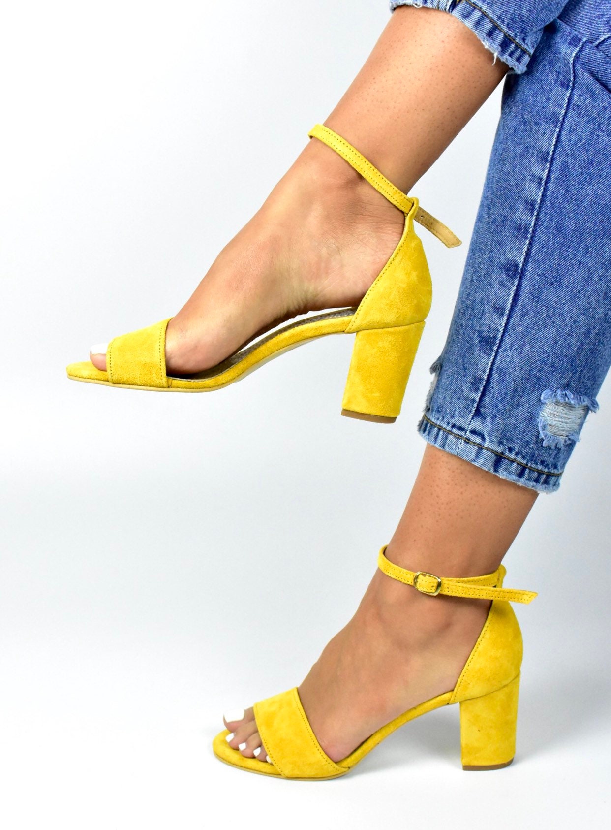 yellow suede block heel sandals