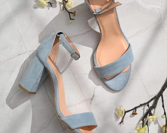 Light Blue Suede Wedding Shoes: Handmade Block Heel Bridal Shoes