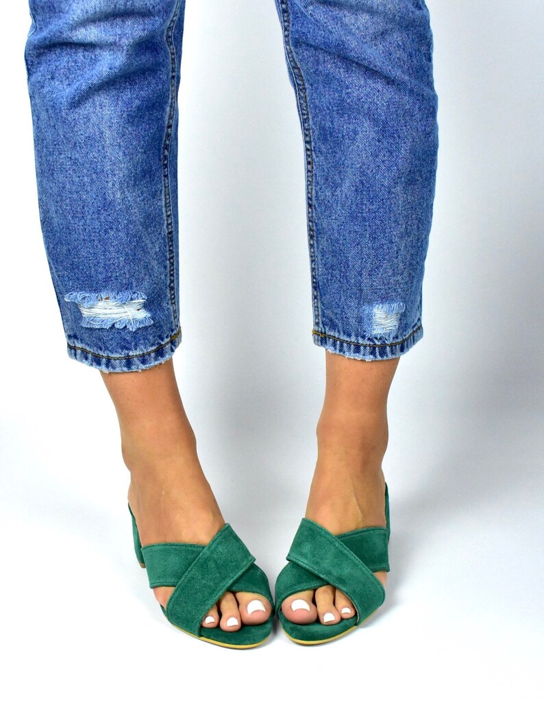 Green Heel Sandals Block Heel Mules Small Heel Mules Peep Etsy