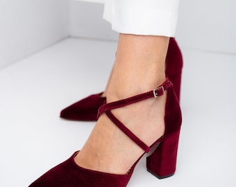 Burgundy Velvet Bridal Shoes, Handmade Leather Lined Wedding Shoes