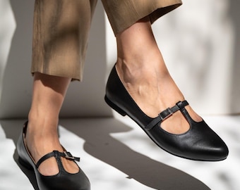 Handmade Black Leather Mary Janes, Flat T-Strap Shoes