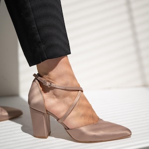 Champagne Satin Block Heel Sandals, Ankle Tie Bridal Shoes