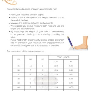 May include: A chart showing how to measure your foot for shoe sizing. The chart includes measurements in US, UK, and EU sizes, as well as centimeters and inches.