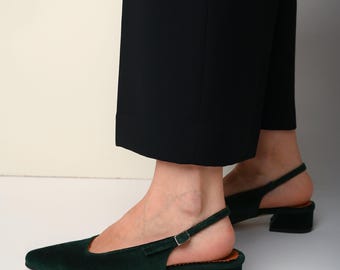 Green Velvet Slingback Shoes: Handmade Low Heel Mary Janes